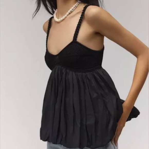 Anthropologie Tops - Anthropologie Bubble Crochet Crop Relaxed Black Tank Top Women’s Size XSP